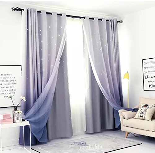 Amazon｜KONHOME グラデーションカラー カーテン！姫系 透かし彫り星柄